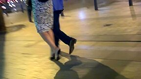 Wonderful Amateur Woman In Sophisticated Dress Wearing High Heel Candid Mules Down Town