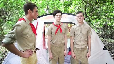 Hot gay 3some with skinny scouts barebacking inside their tent