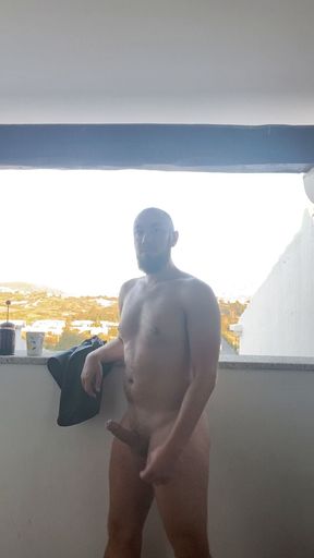 Night time balcony wank