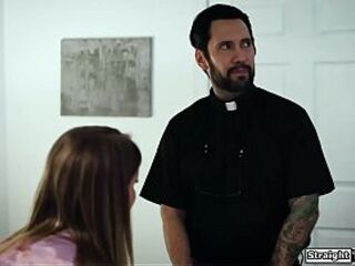 Even God can't assist me withstand this concupiscent teen seducing me.Breasty Eliza Eves sits on top of her priest and kisses him.The blond lets him bang her