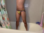 Pissing in Bathtub In morning Jockstrap Yellow