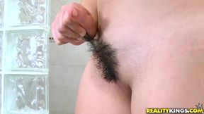 Juan Largo caresses hairy pussy of Nadine Sage