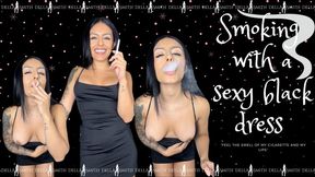 Smoking with a sexy black dress