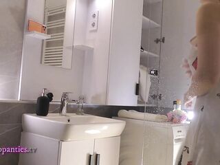 Hot angel cute blond lustful hotty in pink pants and with a satin nightie does the baths routine previous to gonna the daybed