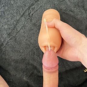 Chastity cage sex toy blowjob with cum in mouth