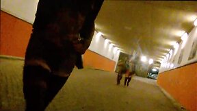 Public exhibitionist dressed very short transparent