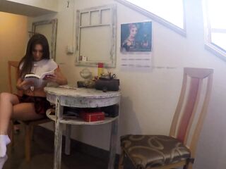 Hawt and Sexy Lewd Hotty in a very Short Petticoat out of any Underclothes reads a Book and touches Herself