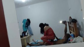 cuban stud fucking a sexy crossdresser in red lingerie, until cumming all over her. part 1.