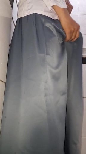 Asian Crossdresser Masturbating and Cum Wearing Slippery College Girl Uniform