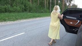 Sultry senior seductress strolling shamelessly sans garments on sun-scorched sidewalks