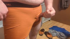 Bear in Orange Boxer Briefs Pounds Thick Cock Messy Floor Cumshot
