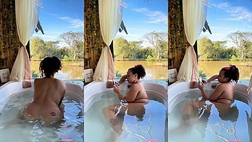 Naked Farting in Bathtub while Reading Chubby Girl Nature View Relax