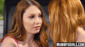 Red haired stepmom and teen scissors passionately and fast