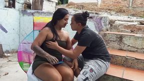 Lesbian girlfriends enjoy homemade outdoor romp