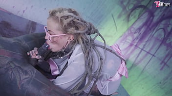 Glasses and Buttplug Tattooed TEEN Riding a Tattooed Dick Fucking DP Facial