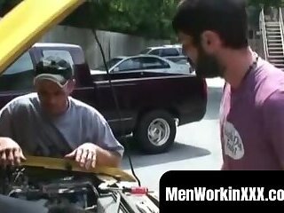 Hairy studs fix a car and end up in deep raw fucking
