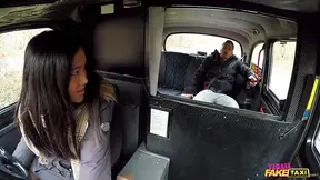 Hot Asian taxi girl takes on a massive white rod in reverse cowgirl