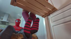 Ruslana In White Bra Sits On A Swing And Massages Penis Of Spiderman - Long Socks