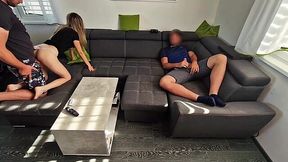 Lustful sex wife cuckolds her husband with his friend to give him a blowjob later.