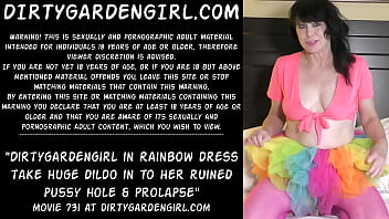 Dirtygardengirl in rainbow dress take huge dildo in to her ruined pussy hole &amp_ prolapse
