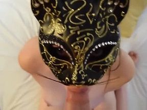 Hot girl with a classy mask gets cum in mouth