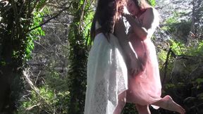 Glam lesbian babes having sex outside