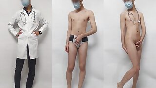Iranian boy undressing and comparing clothed and nude body (in a doctor&#039;s uniform)