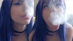 Inked Ahegao Egirl flaunts her nips while blowing smoke rings