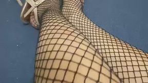 Sexy Asian Legs and Tiny feet with long toes in fishnet stocking wearing high heels