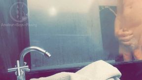 Amateur pale white skin redhead guy caught showering and peeing in the bathtub