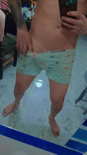 Delicious brunette caresses his huge penis for you