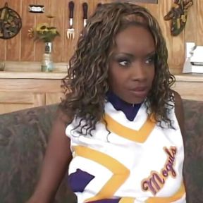 Pretty ebony cheerleader enjoys white cock banging