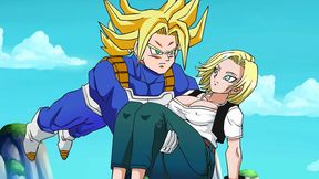 Trunks Rescues Big-Busted Android 18 for Panty Shoot & Creampie Finish