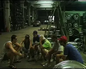 Pretty German whore takes on giant cocks in a hard warehouse gangbang