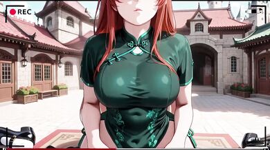 Redhead in emerald qipao kneels desperate in the eastern courtyard