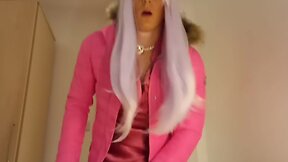 Jess silk riding dildo in hot pink satin dress and jacket with long purple wig