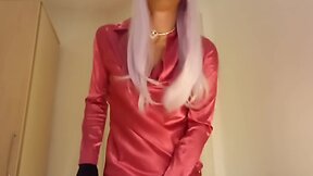 Jess silk riding dildo in hot pink satin dress and jacket with long purple wig