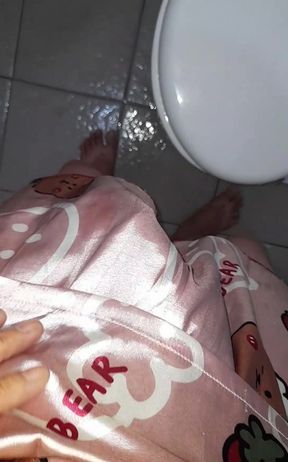 Masturbating Wearing Girl Satin Pajamas with Short Pants