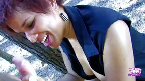 Busty Euro MILF is screwing with a stranger madly in the middle of the woods.