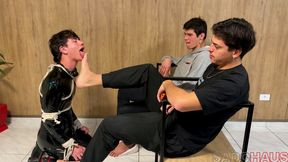 Humiliation & Servitude: Bound PVC Slave Serves The Feet, Ass & Dicks Of His Two Straight Masters