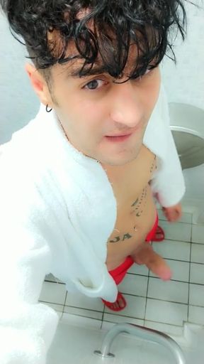 Jerk off at Spa Toilet in Bathrobe Before the Pool