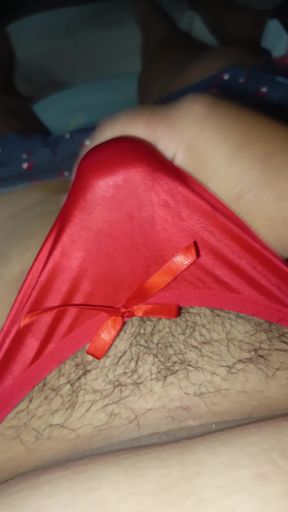 3rd Time Cumming on my Wife's Red satin thong with ribbon So sexy Makes me cum everytime I wear it..