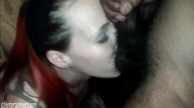 Petite redhead knocks up with massive cock then gags on piss play