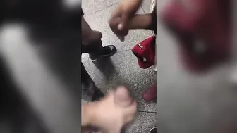 Twink amateur blowjob and handjob in public bathroom