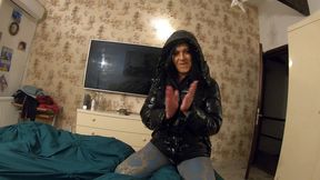 milfycalla my husband friend cums 3 times on my new black shiny puffy downjacket! 174