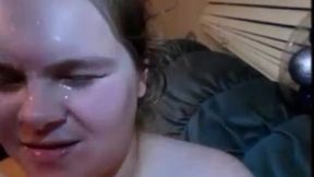 Cum slut wife gets mouth fucked by hairy dick & takes huge cum facial