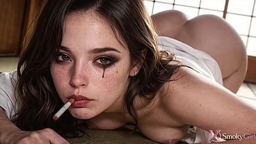 My coach fucked me cause I was smoking in the karate dojo...He teased me with his dick and fucked my mouth so hard that my makeup ran down my face!! [AI]