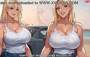 Futa shemale on female stepsister - bj on public beach full of people