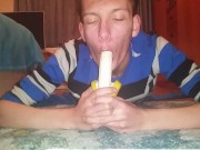 Skinny teen shoves banana deep in his throat