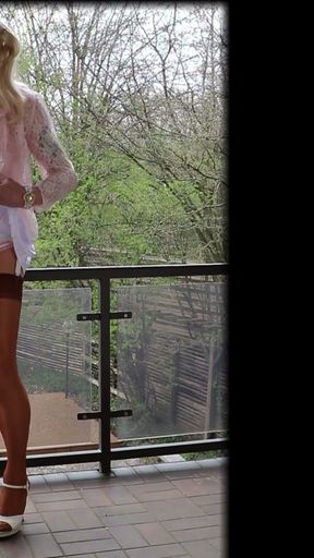 Cumshot in my short pleated satin skirt &amp; shiny nylon stockings   Clip 1